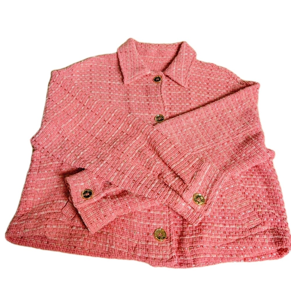 Zara Cropped Jacket Womens Medium Pink‎ Tweed Button Front